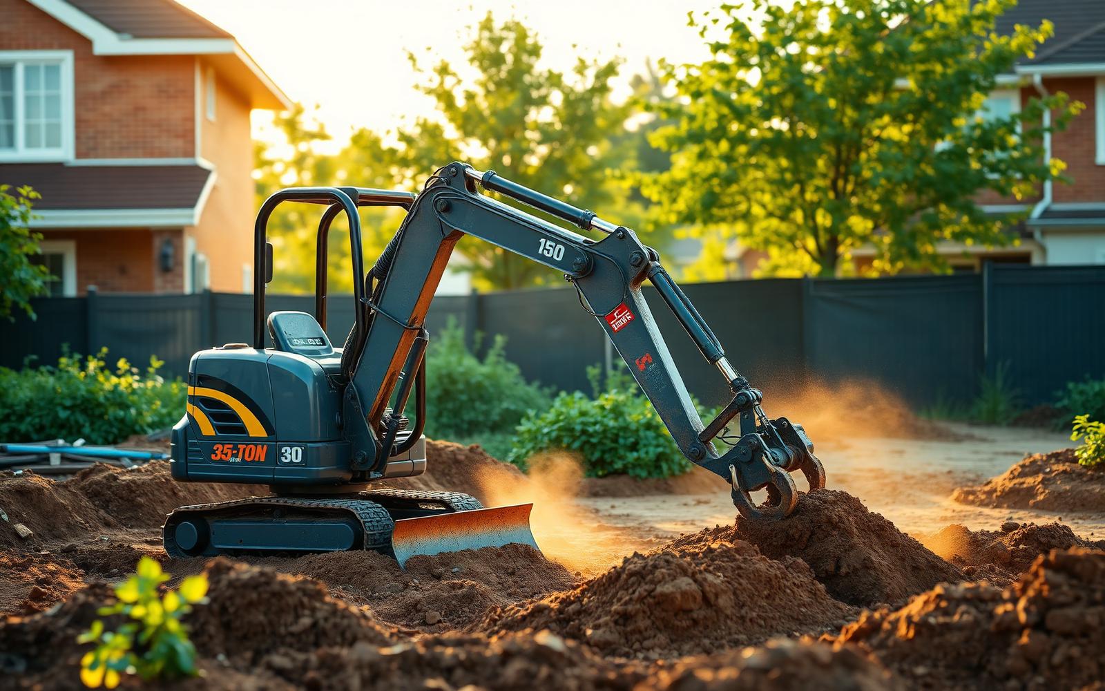Mini escavadeira de 3,5 toneladas escavando terreno em obra